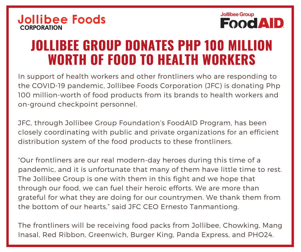 Jollibee Group donates Php 100 Million worth of food to health workers 