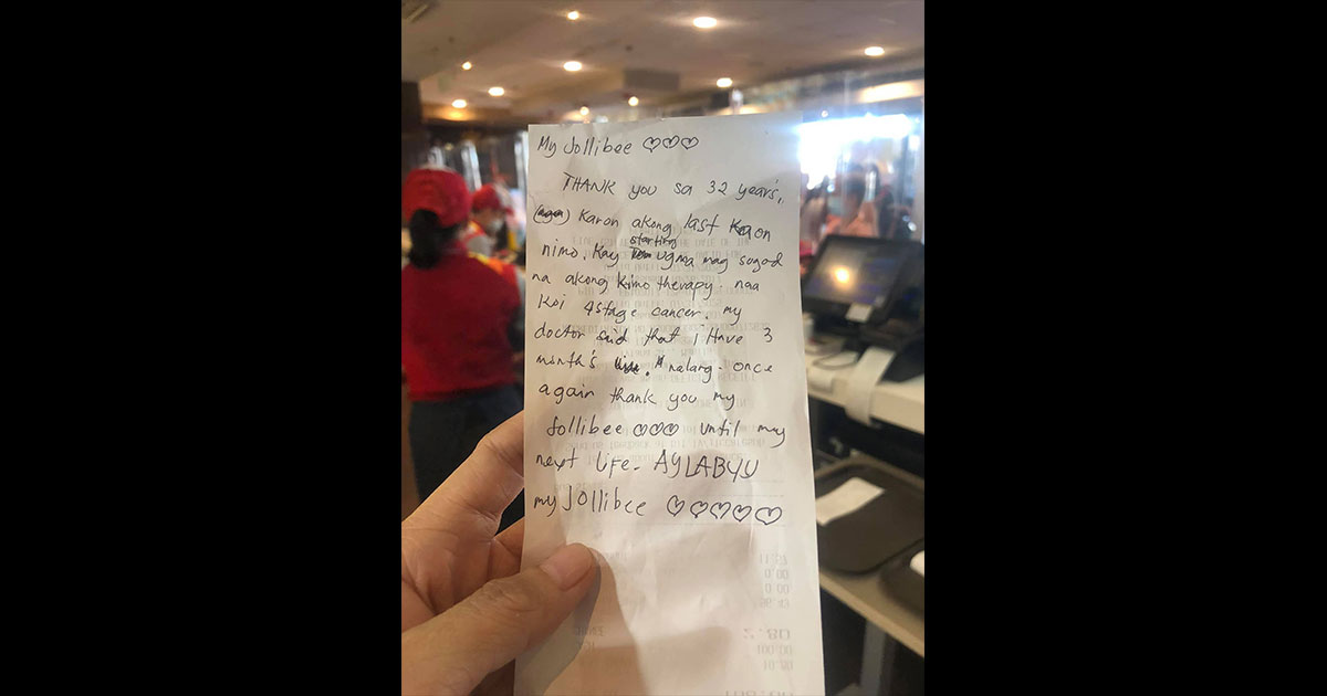 Cancer-stricken Jollibee customer's 'Thank you' note on receipt touches netizens' hearts